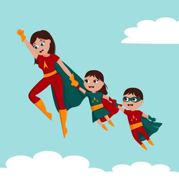 cute cartoon super mom and daughter and son premium vector